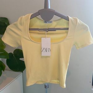 ZARA YELLOW SQUARE NECK RIBBED T-SHIRT